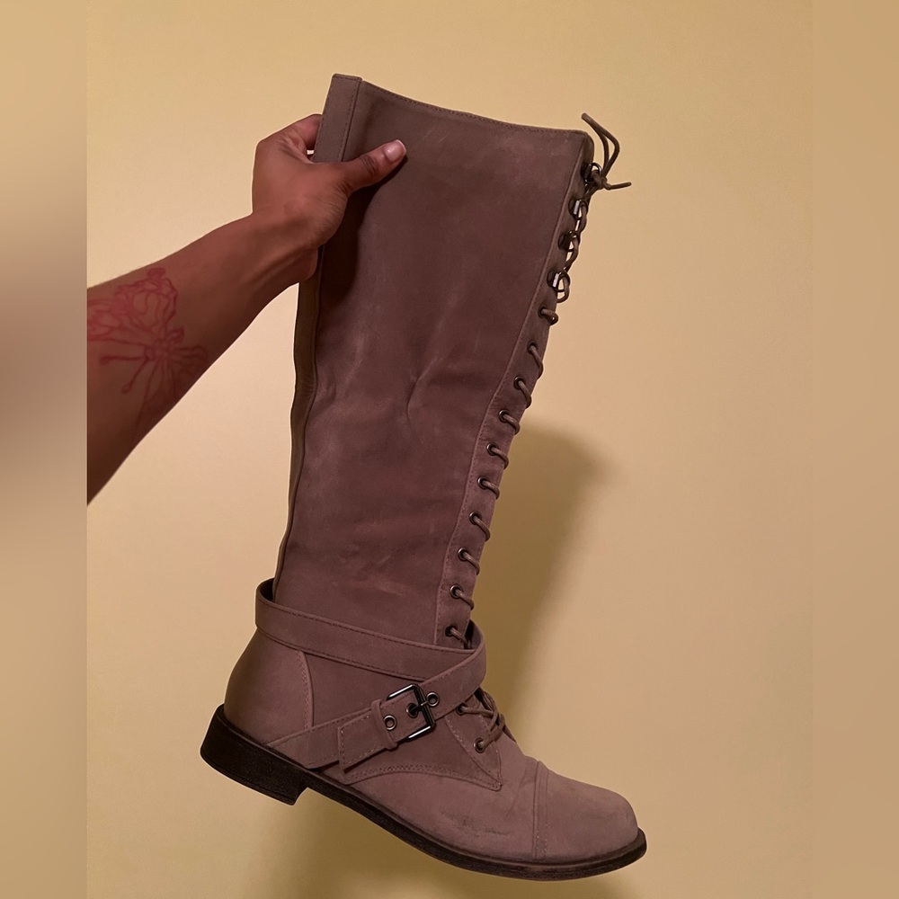 Suede Buckle Knee High Boots
